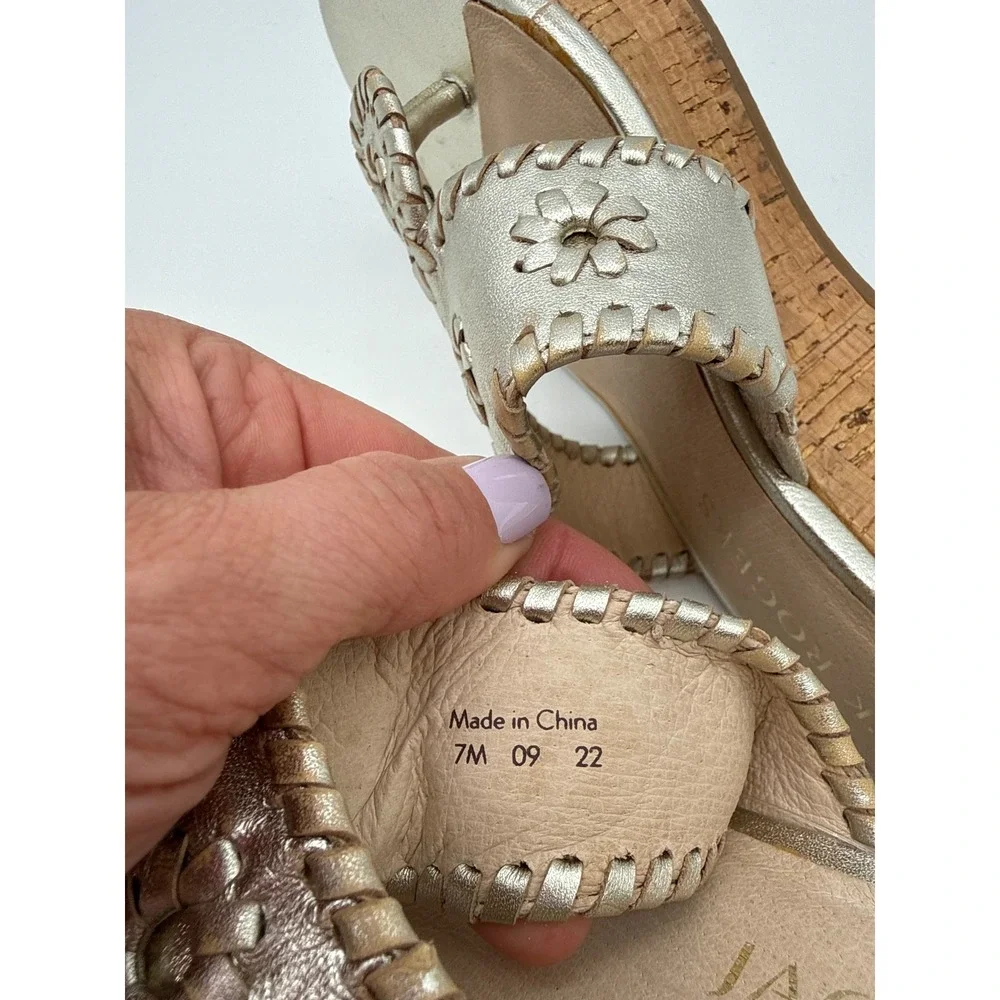 Jack Rogers Jacks Mid Wedge Sandals Platinum Gold Metallic Cork Heel Womens 7M